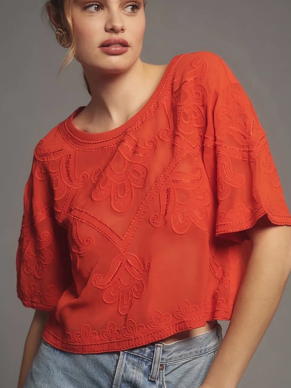 Anthropologie Women’s Rust Orange Sheer Embroidered Boxy Top - Picture 4 of 13